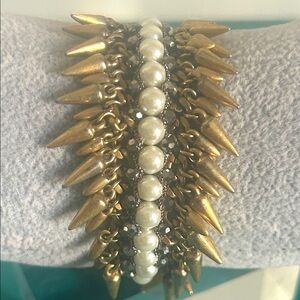 Stella & Dot Edgy Gold Tone Pearl Hematite Encrusted Spike Fringe Bracelet